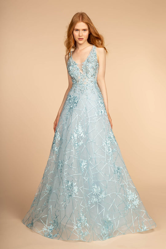 Elizabeth K - GL2564 Floral Embroidered Illusion A-Line Gown In Blue