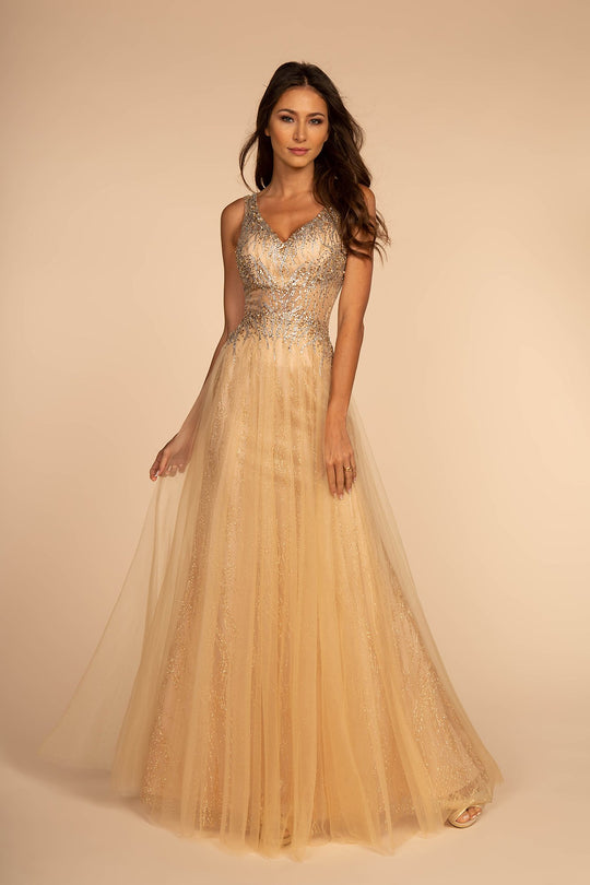 Elizabeth K - GL2618 Beaded Glittery A-Line Dress In Neutral