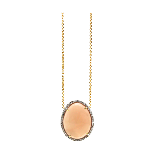 Orange Moonstone & Diamonds Necklace In 18K Yellow Gold
