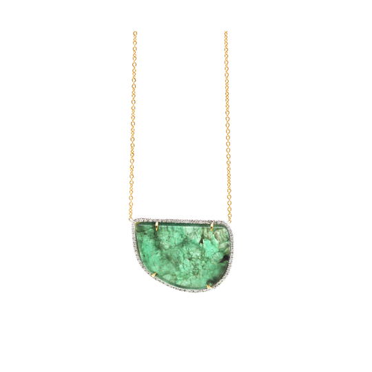 18K Yellow Gold Necklace With Emerald Slice & Diamond