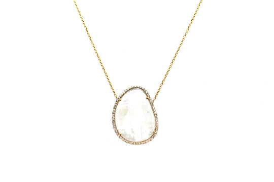 Rainbow Moonstone Slice & Diamond Necklace In 18k YG