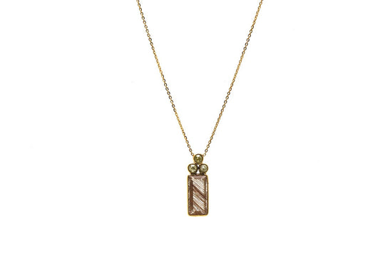 Copper Rutile Rectangular and Champagne Diamond Necklace In 18K Yellow Gold