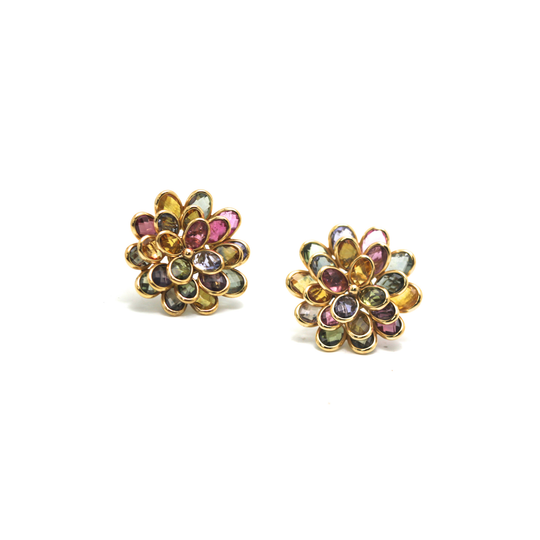 Multicolor Tourmaline Flower Stud Earrings in 18k Yellow Gold