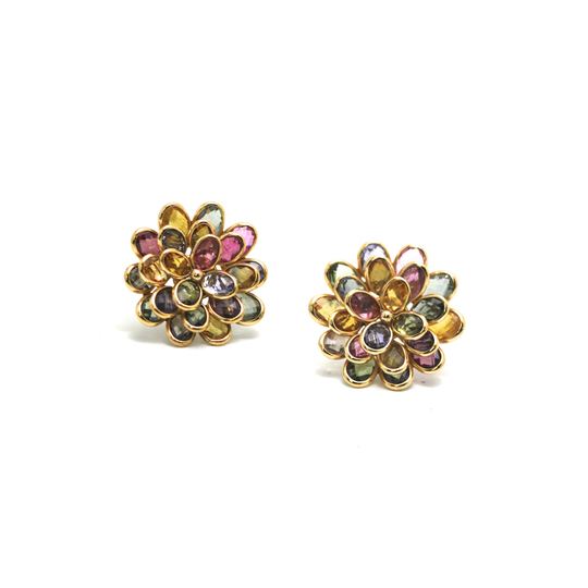 Tresor Collection - Multi-Color Tourmaline Flower Stud Earrings in 18k Yellow Gold