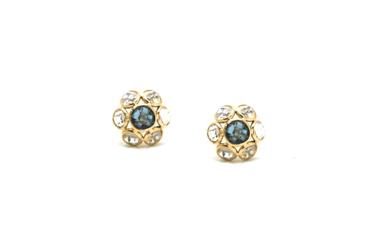 Rainbow Moonstone and London Blue Topaz Small Flower Stud Earrings in 18k Yellow Gold