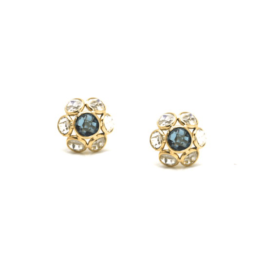 Tresor Collection - Rainbow Moonstone and London Blue Topaz Small Flower Stud Earrings in 18k Yellow Gold