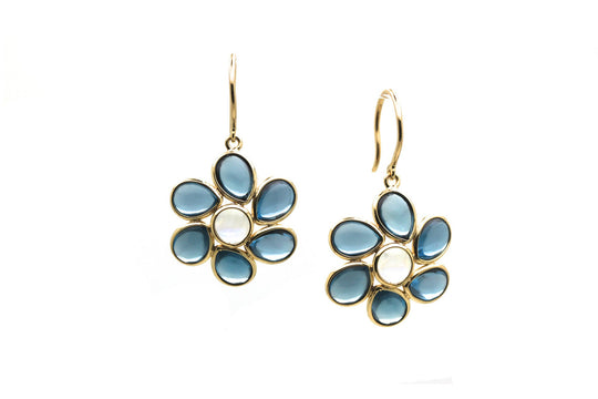 London Blue Topaz and Rainbow Moonstone Flower Earrings in 18k Yellow Gold