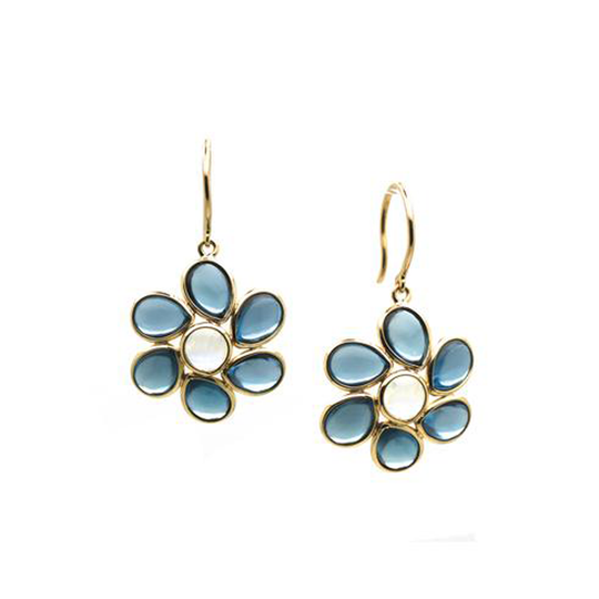 Tresor Collection - London Blue Topaz and Rainbow Moonstone Flower Earrings in 18k London Blue Topaz and Rainbow Moonstone