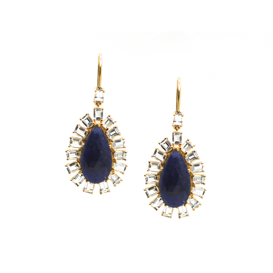 Blue Sapphire & White Topaz Earrings in 18k Yellow Gold