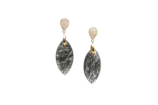 18Kt Gold Earring With Pave Diamond and Black Rutile Marquise Drops