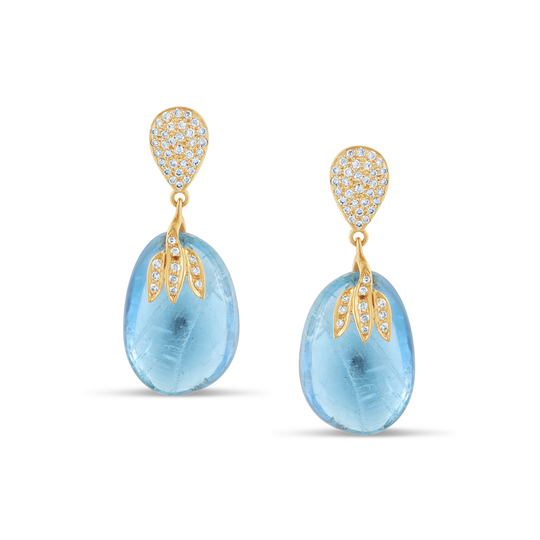 18Kt Gold Earring With Pave Diamond and Aquamarine Nugget Drops with motif