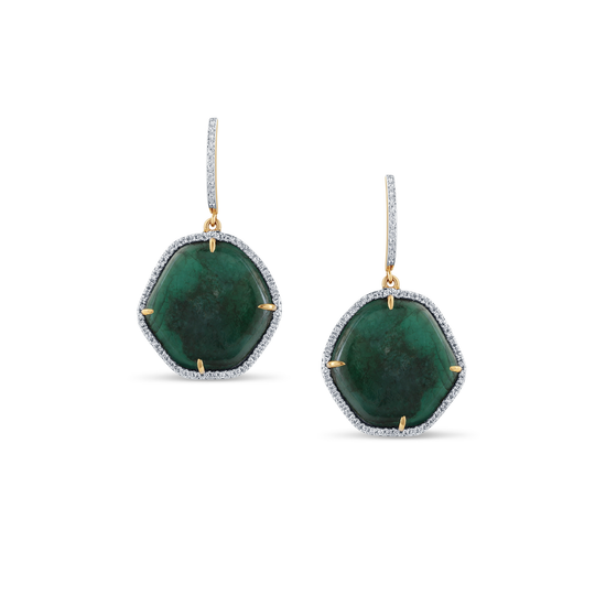 18K Yellow Gold Earring With Emerald Slice & Diamond