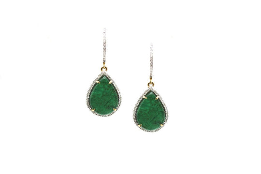 18K Yellow Gold Earring With Emerald Slice & Diamond