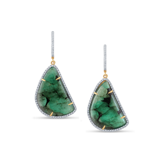 18K Yellow Gold Earring With Emerald Slice & Diamond
