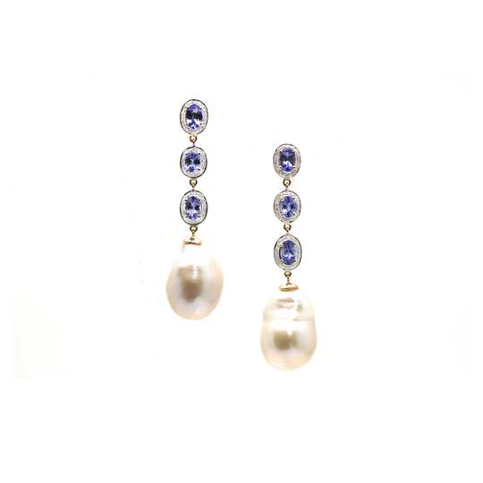 18 kt Yellow Gold Earring With Tanzanite, Pearl & Diamond