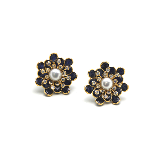 Blue Sapphire, White Sapphire and Pearl Flower Stud Earrings in 18k Yellow Gold
