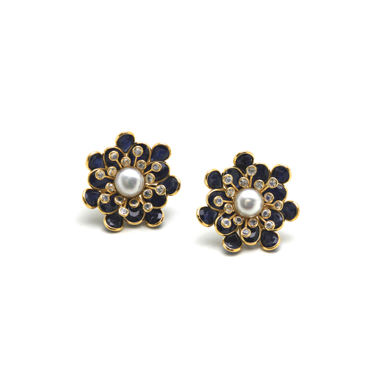 Tresor Collection - Blue Sapphire, White Sapphire and Pearl Flower Stud Earrings in 18k Yellow Gold