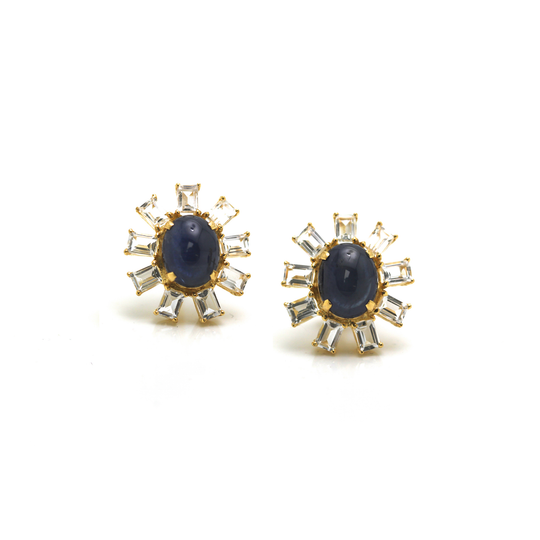 Blue Sapphire & White Sapphire Stud Earrings in 18k Yellow Gold