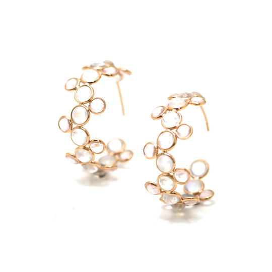 Rainbow Moonstone and Rose Quartz Hoops Small Earrings in 18k Rose Gold