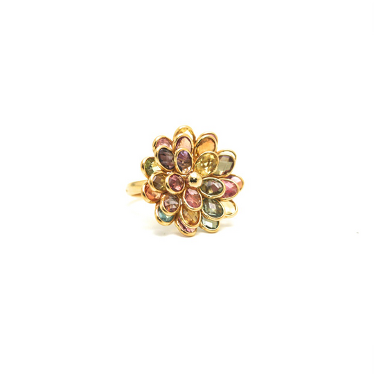 Multicolor Tourmaline Flower Ring in 18k Yellow Gold