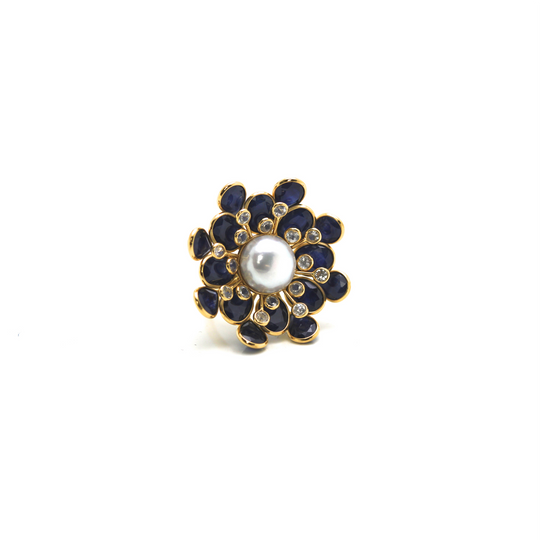 Blue Sapphire, White Sapphire and Pearl Flower Ring in 18k Yellow Gold
