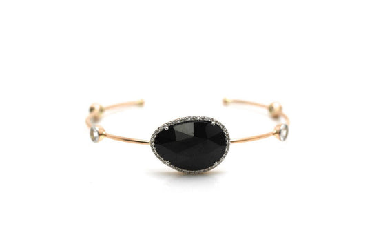 Black Spinnel Unshape, White Sapphire Round & Diamond Bangle in 18k Rose Gold