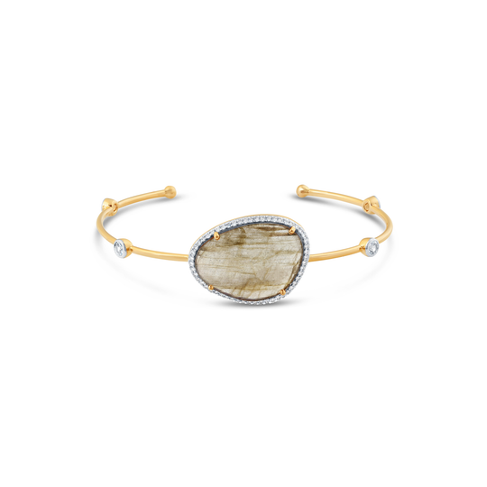 Labradorite Unshape, White Sapphire Round & Diamond Bangle In 18K Yellow Gold
