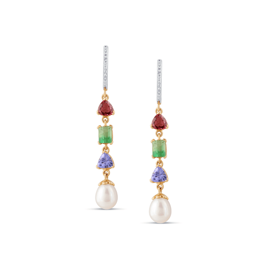 Tresor Collection - Multicolor Tourmaline, Pearl & Diamond Earring in 18k Yellow Gold