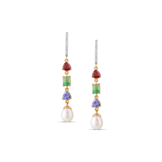 Multicolor Tourmaline, Pearl & Diamond Earring in 18k Yellow Gold