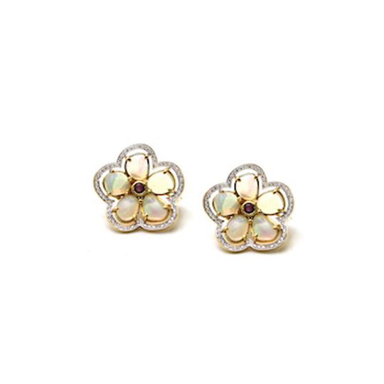 Ethiopian Opal, Ruby and Diamond Flower Stud Earrings in 18k YG