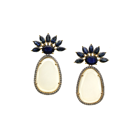 Blue Sapphire, Moonstone and Diamond Earrings in 18k YG