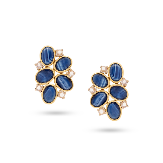 Tresor Collection - Blue Sapphire & Rainbow Moonstone Stud Earrings in 18k Yellow Gold