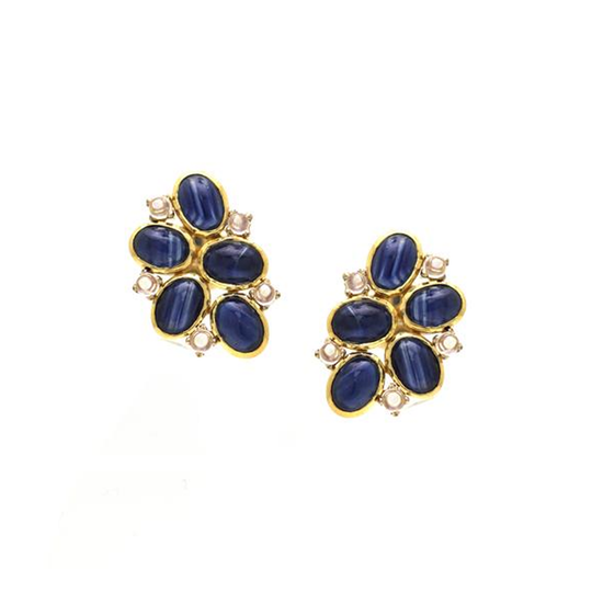 Blue Sapphire & Rainbow Moonstone Stud Earrings in 18k Yellow Gold