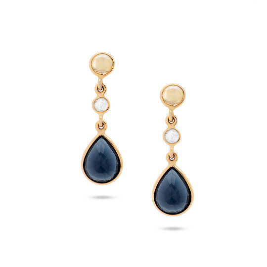 Tresor Collection - Blue Sapphire Pear Shaped, Rainbow Moonstone & Diamond Earring in 18K Yellow Gold