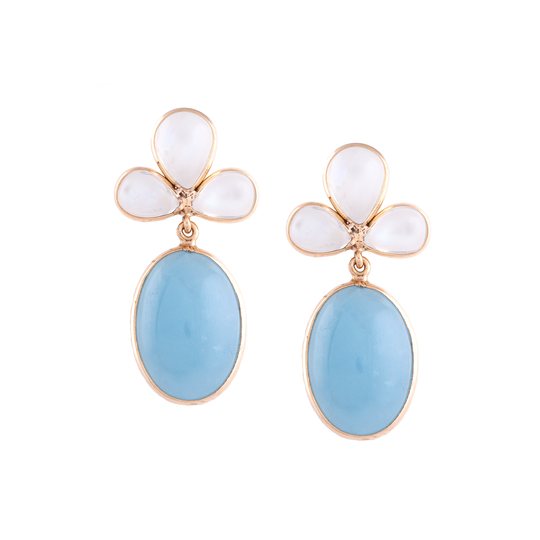 Tresor Collection - Rainbow Moonstone P/S & Aquamarine Oval Earrings in 18K Yellow Gold