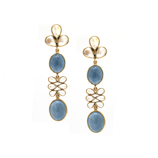 Rainbow Moonstone & Aquamarine  Earrings in 18K YG