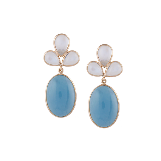 Rainbow Moonstone & Aquamarine Oval  Earrings in 18K YG