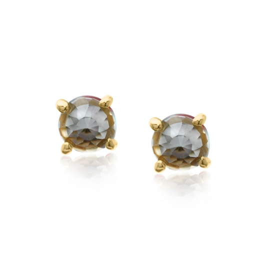 Rainbow Moonstone Round Stud Earrings in 18K Yellow Gold
