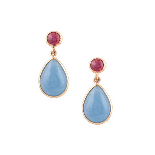 Tresor Collection - Aquamarine Pear Shaped & Ruby Round Earrings in 18K Yellow Gold