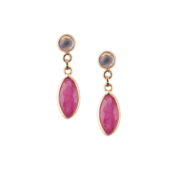 Tresor Collection - Ruby Marquise & Rainbow Moonstone Round Earrings in 18K Yellow Gold
