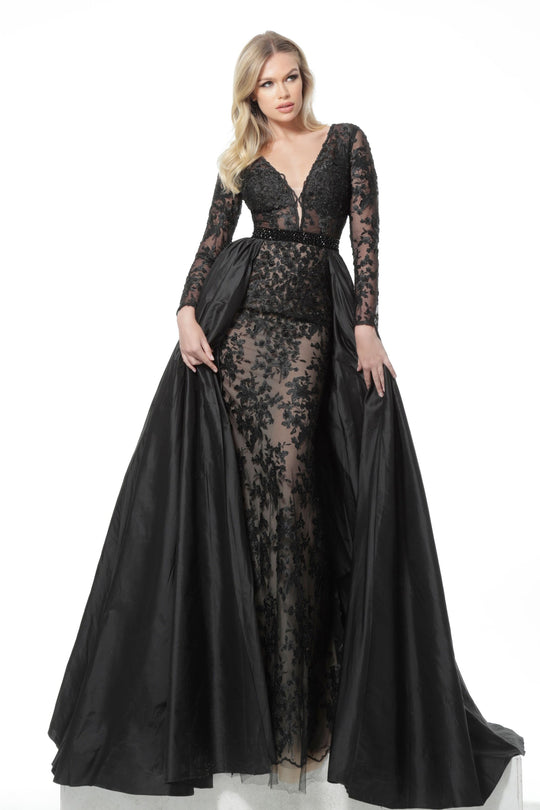 Jovani - 67466 Lon Sleeve Laced Long Dress In Black