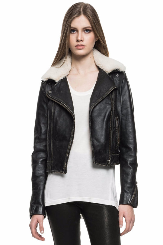 DONNA-NZ Shearling Collar Moto Jacket | DONNA-NZ Veste de cuir avec collet en peau de mouton