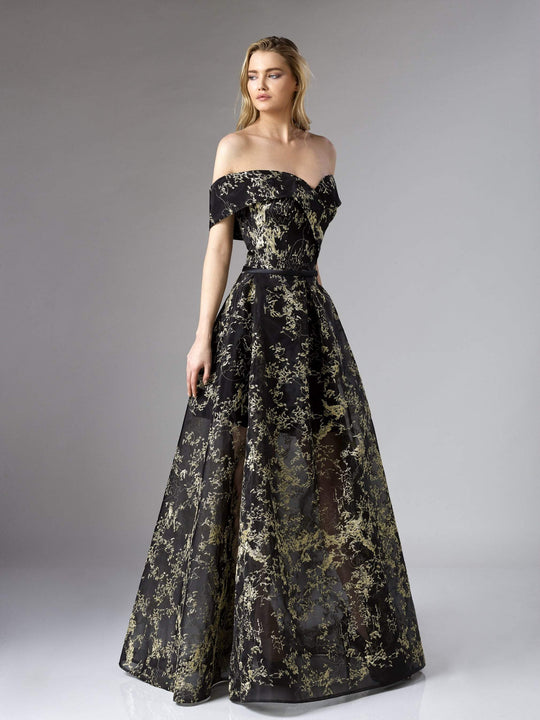 Edward Arsouni Couture - 327 Two Tone A-line Dress In Black Gold In Black and Gold