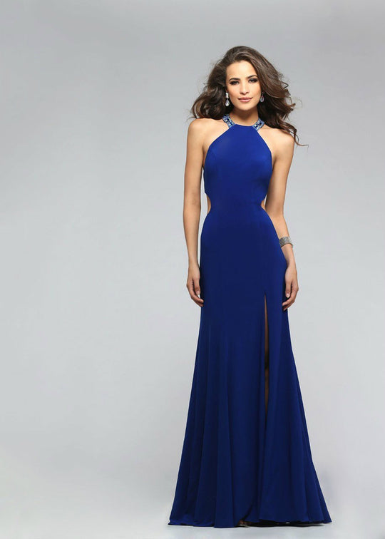 Bejeweled High Halter Evening Gown with Side Cut-outs 7543