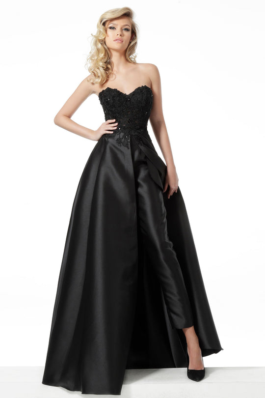 Jovani - 66082 Strapless Jumpsuit with Overskirt In Black