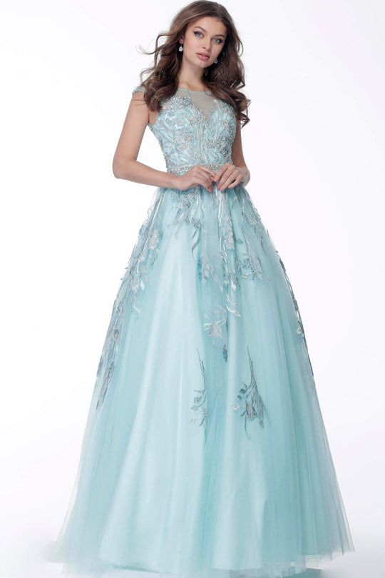 Jovani - 66882 Cap Sleeves Beaded A-line Dress In Blue  