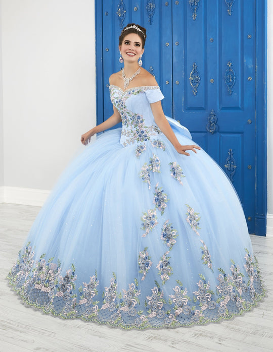 LA Glitter - 24049 Lace Off-Shoulder Tulle Ballgown In Blue