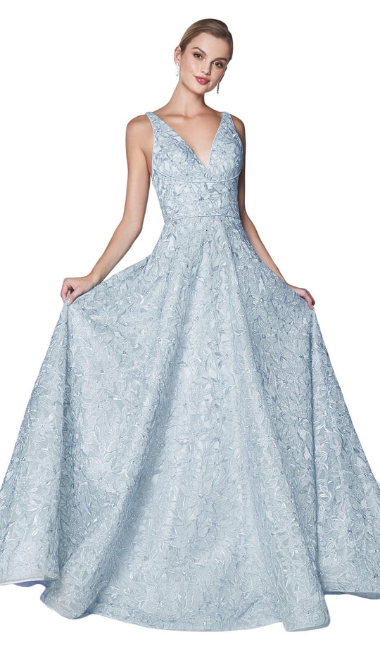 Cinderella Divine - CK834 Floral Embroidered A-Line Long Gown In Blue