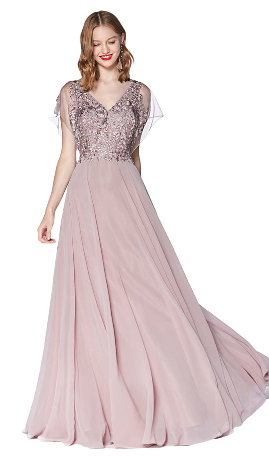Cinderella Divine - CD0135 Lace V-neck Chiffon A-line Dress In Pink