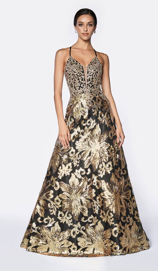 Cinderella Divine - Intricate Sequined V-Neck A-line Dress ML923 In Gold and Black
